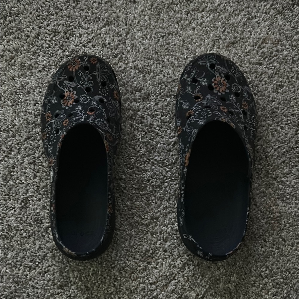 Dark Blue Crocs With Orange Floral Design Size W7